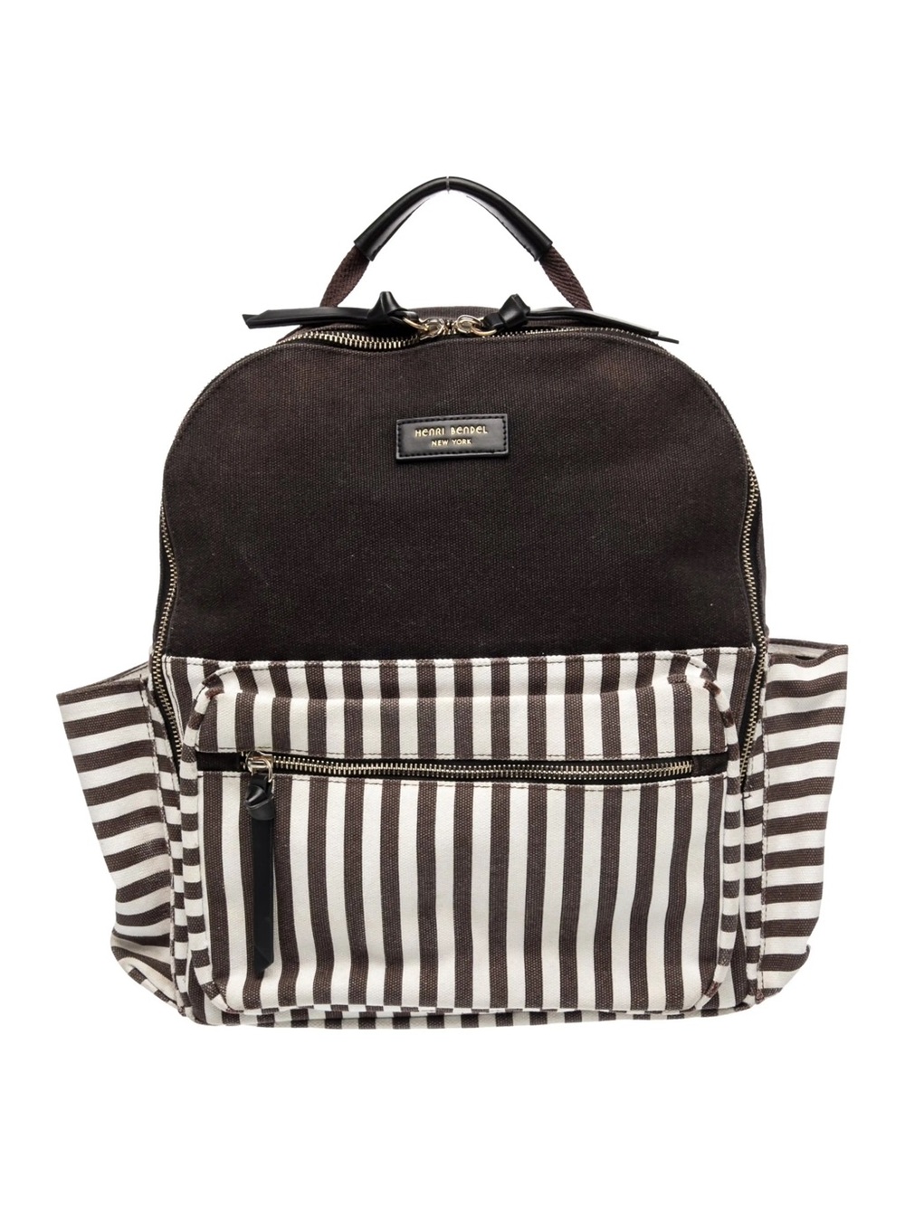 Henri Bendel Centennial Stripe Canvas Backpack Brown White Black Vintage